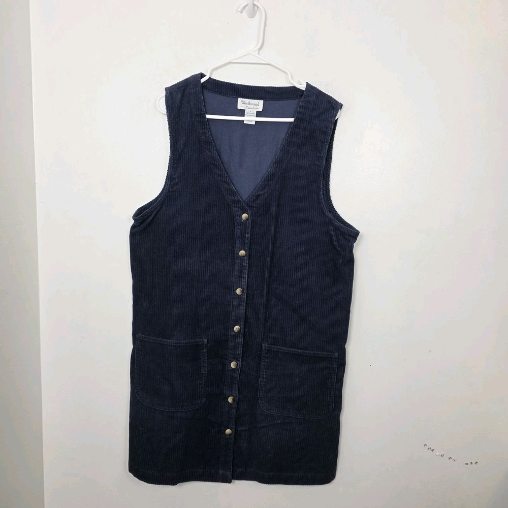 Westbound Navy Blue Corduroy Jumper Overall Button Up Sleeveless Mini Dress Sz L